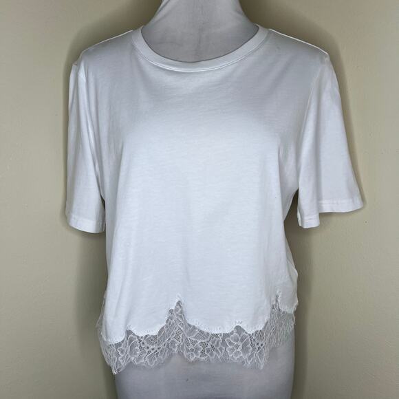 J Crew Lace Trim Tee Medium White Crewneck Short Sleeve Chic Minimalist T-Shirt - Picture 1 of 8